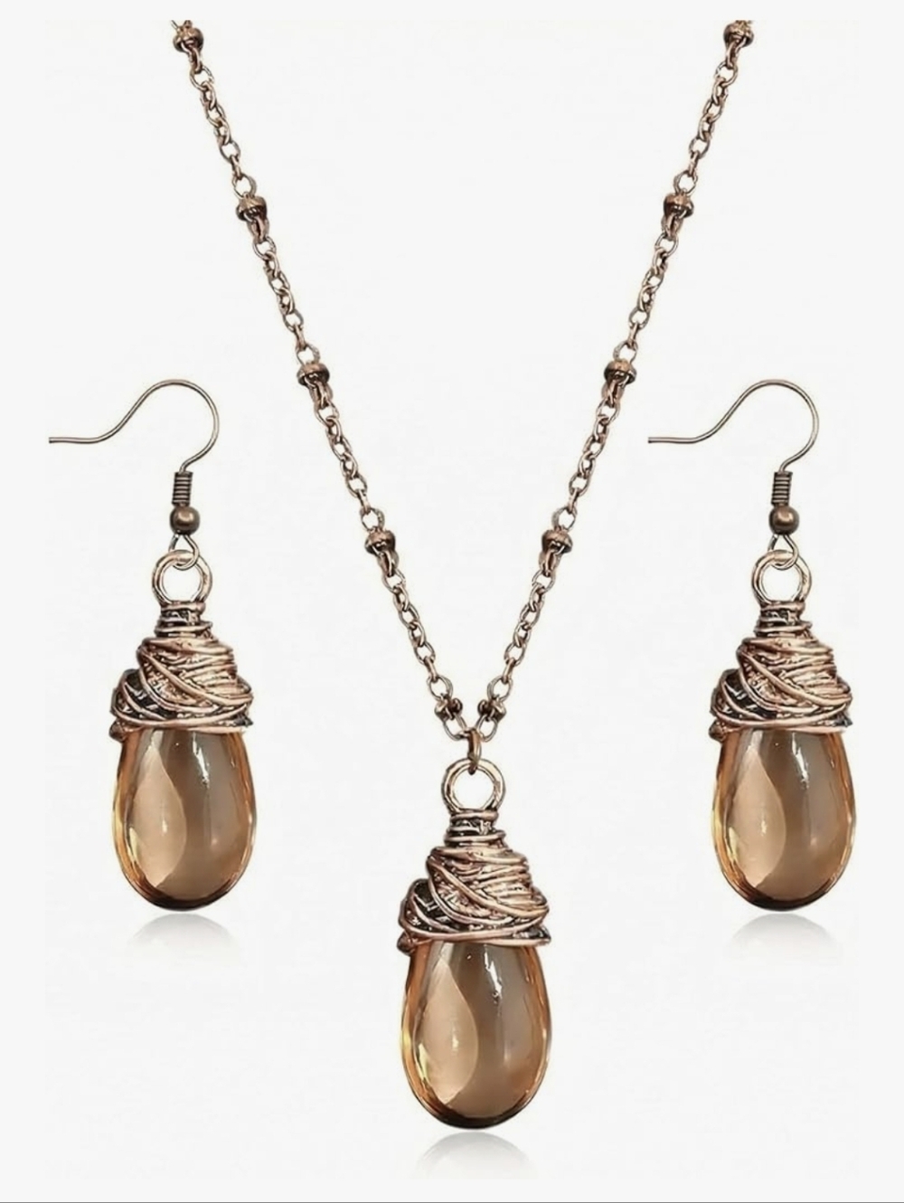 Wrapped Amber Teardrop Necklace & Earrings Set